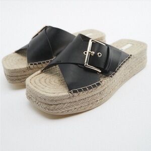 ZARA JUTE WEDGE SANDALS Black & Beige Espadrille Wedge Sz EU39 / US 8 - 8.5